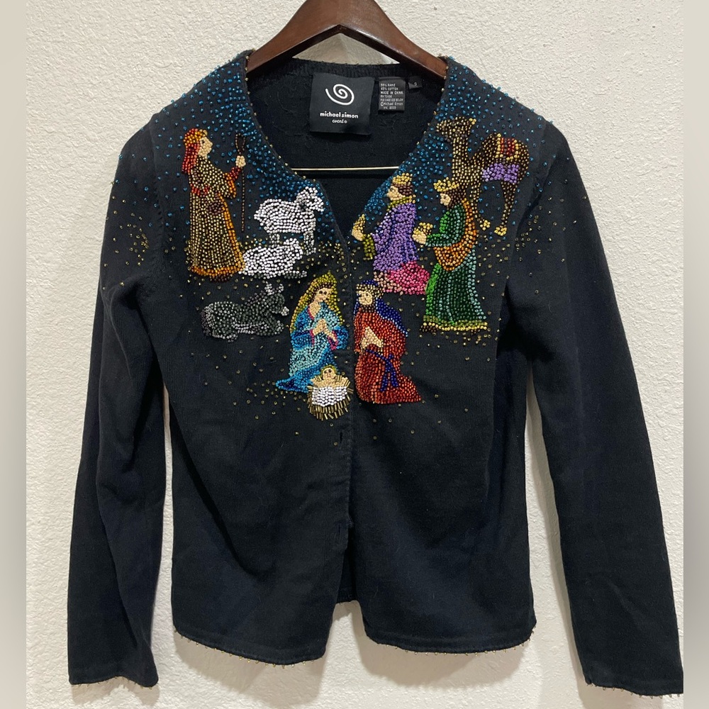 Michael Simon Cardigan Christmas Nativity beaded